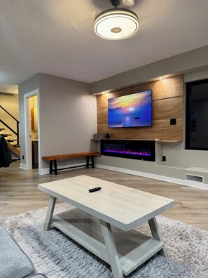 Smart TV, fireplace, books, stereo