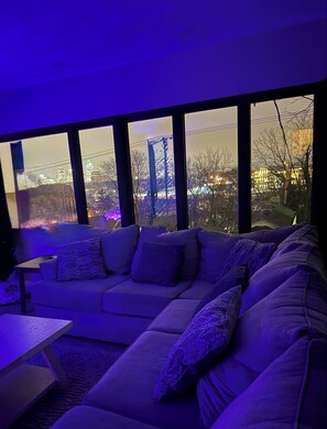 Smart TV, chimenea, libros y estéreo