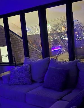Smart TV, fireplace, books, stereo