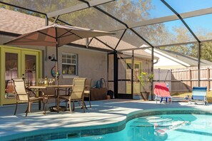 Outdoor pool, pool umbrellas, pool loungers