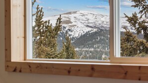 Vista desde una ventana de una montaña nevada con pinos.