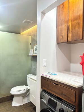 Hair dryer, towels, soap, toilet paper