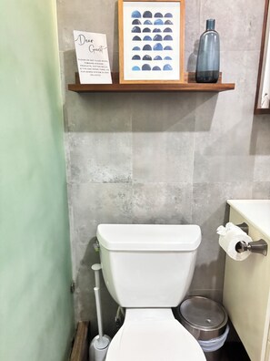 Hair dryer, towels, soap, toilet paper