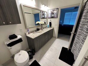 Hair dryer, towels, soap, toilet paper