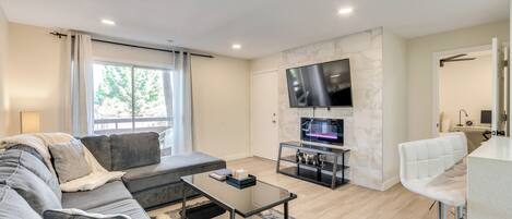 Smart TV, fireplace, books, computer monitors