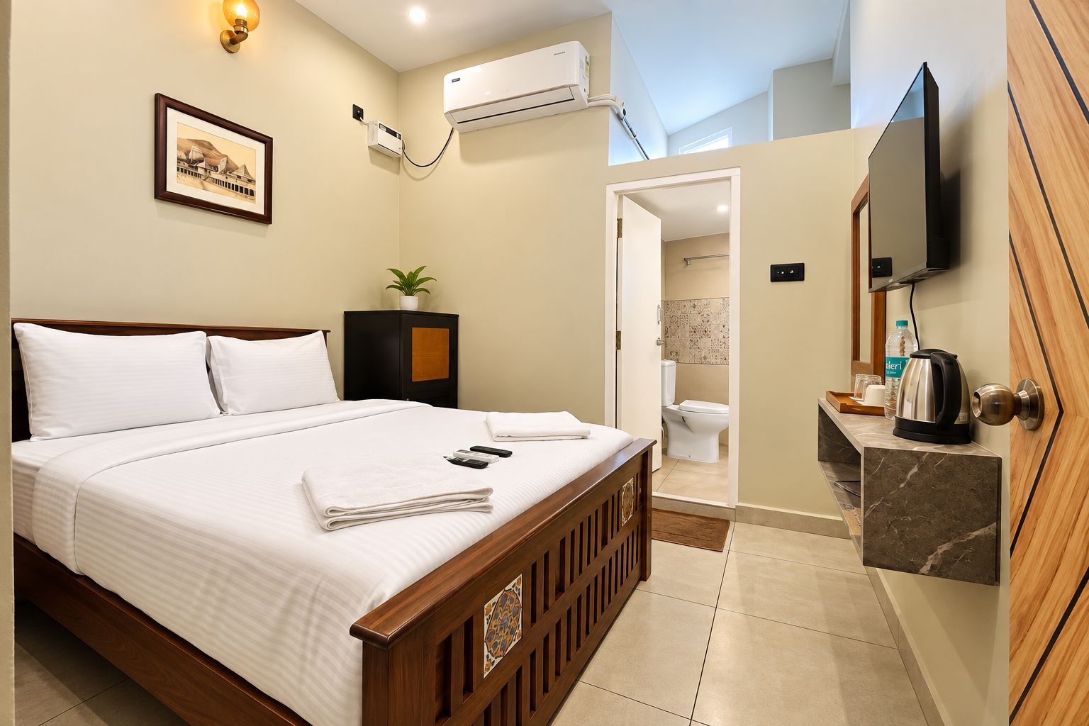 A hotel room with a bed, bedside table, air conditioning unit, a framed picture on the wall, and a television mounted on the wall.