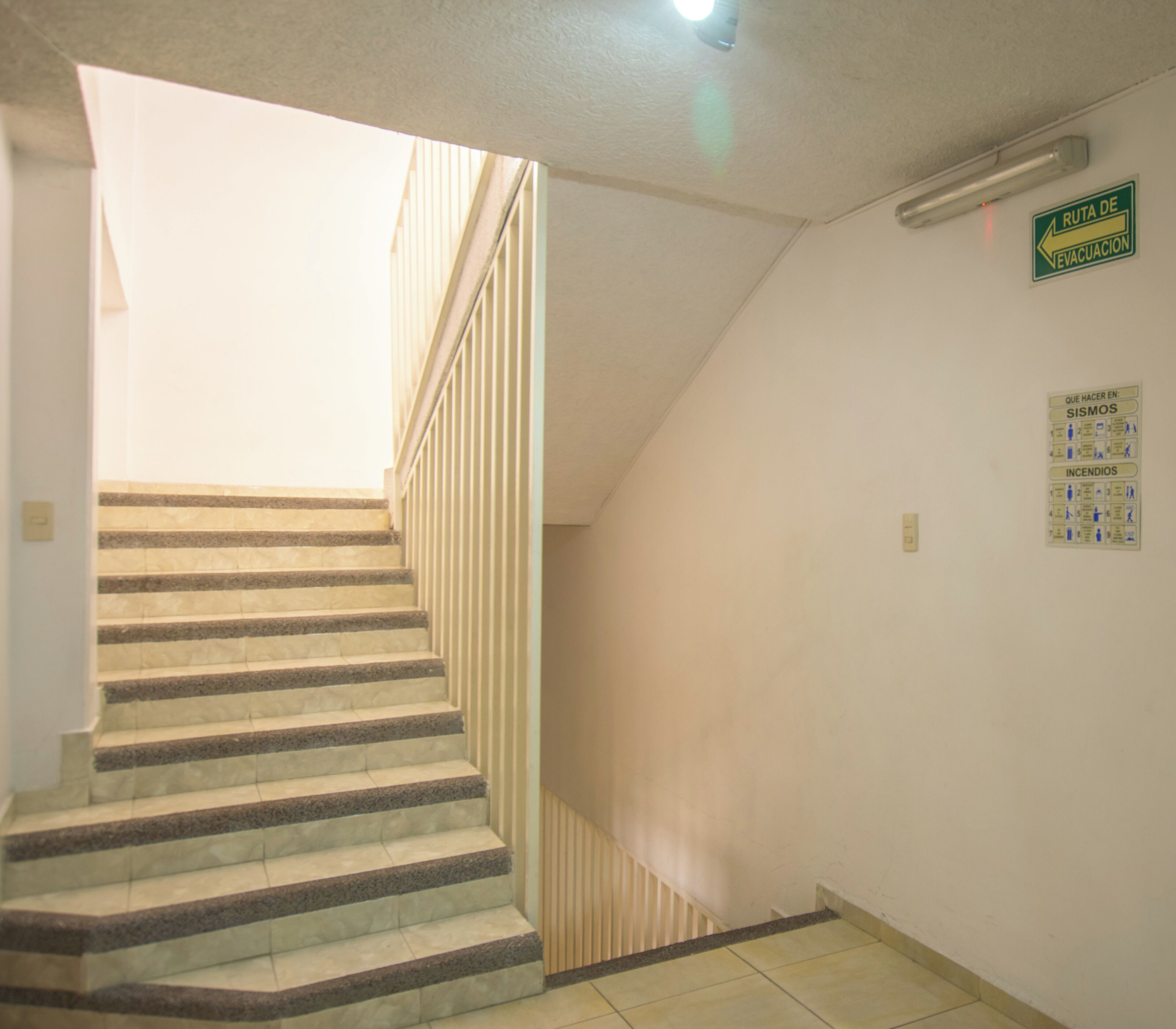 A staircase with a handrail, a wall-mounted emergency exit sign, and a fire safety poster.