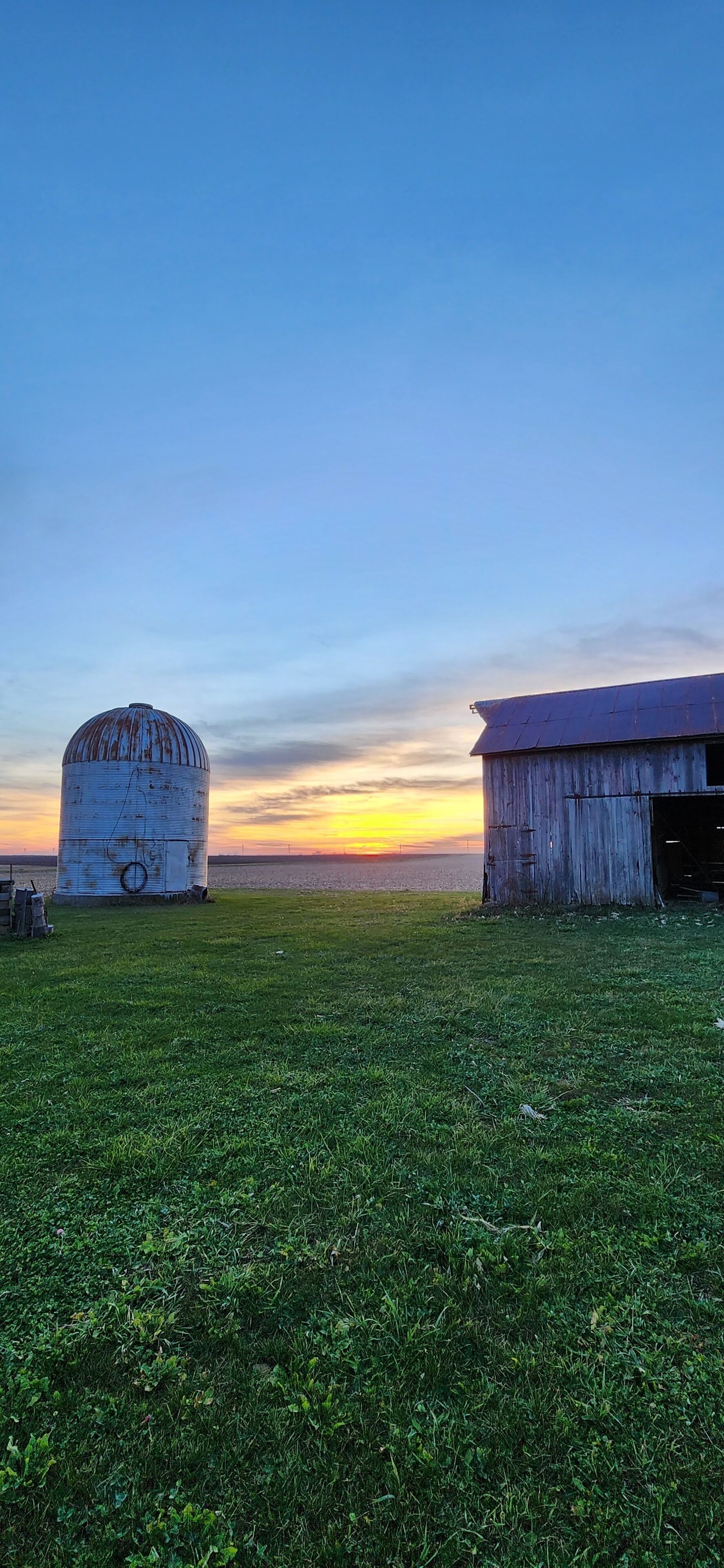 A grassy field with two rustic barns and a large silo under a clear sky.