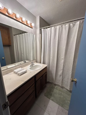 Shower, towels, soap, toilet paper