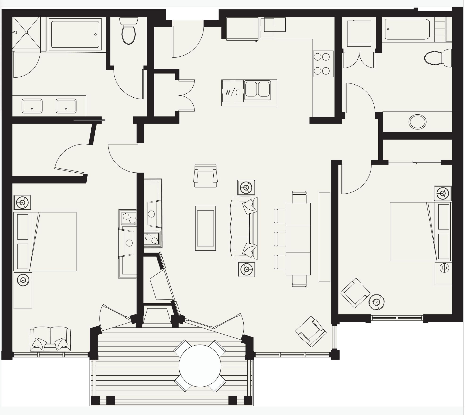 A floor plan of a hotel with multiple bedrooms, a kitchen, a dining area, and a living room.
