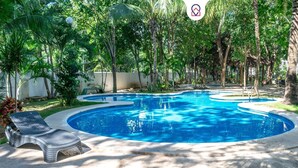 Une piscine de forme circulaire, entourée d’une végétation luxuriante et d’arbres.