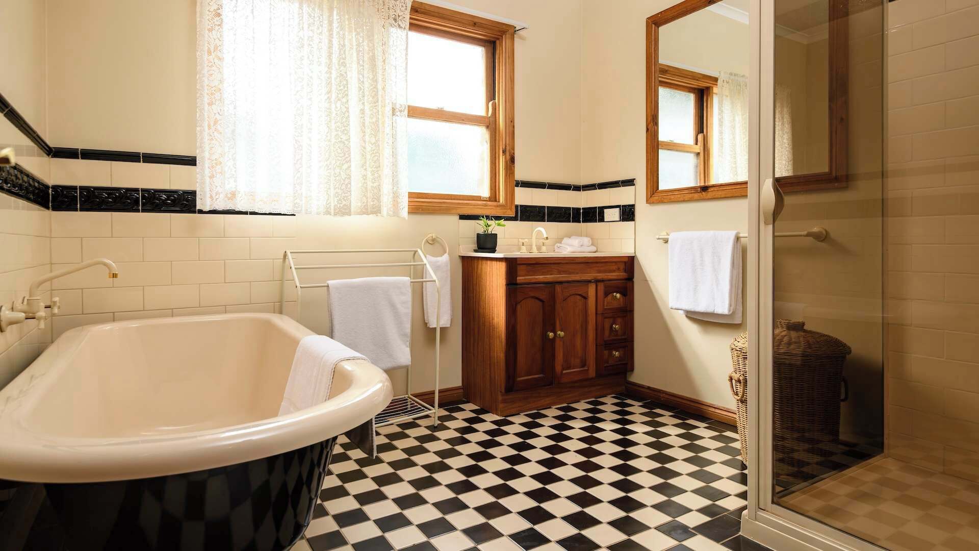 Shower, hair dryer, towels, shampoo