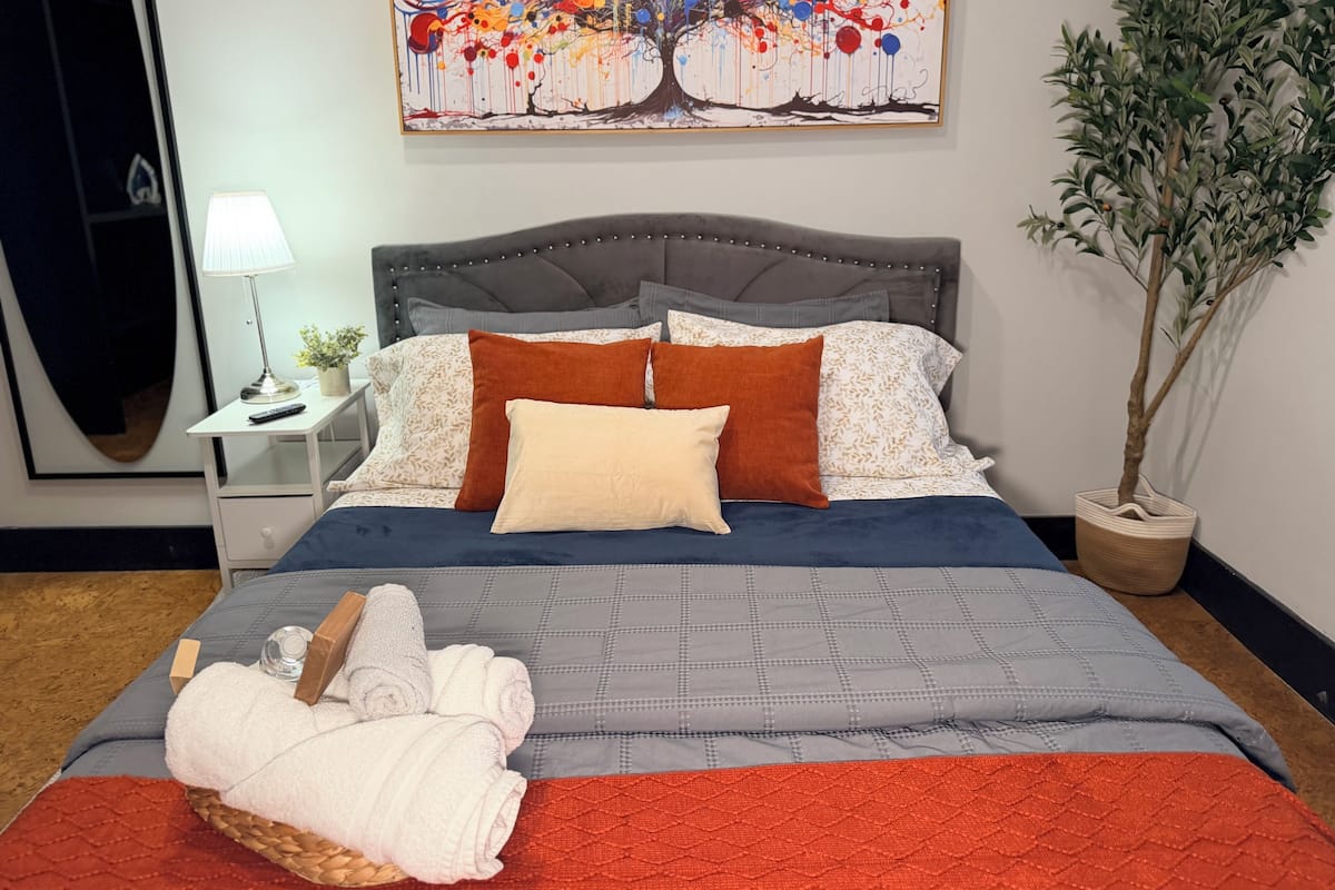 Modern Private Room Red | Desk, laptop workspace, iron/ironing board, free WiFi