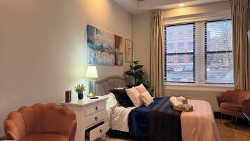 Modern Private Room Blue | Desk, laptop workspace, iron/ironing board, free WiFi