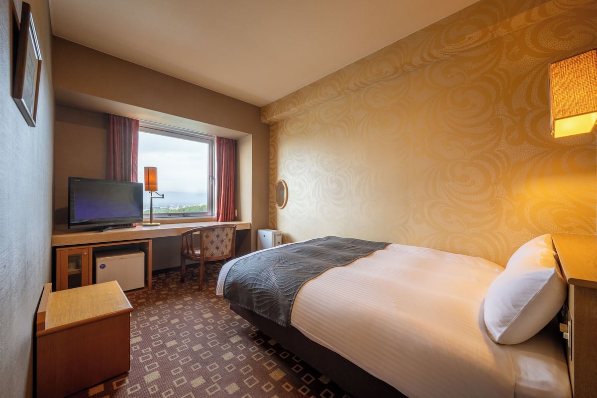 Habitación de hotel con cama, escritorio con televisor, refrigerador pequeño y ventana con cortinas.