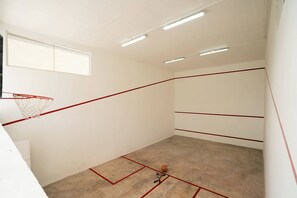 A basketball court with a hoop, lines, and a ball on the floor.