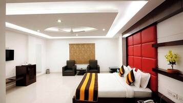 Desk, laptop workspace, free WiFi, bed sheets