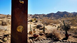 A desert landscape with a wooden door and several potted cacti. - Sacred Sands - Lobo Luna (Joshua Tree)
