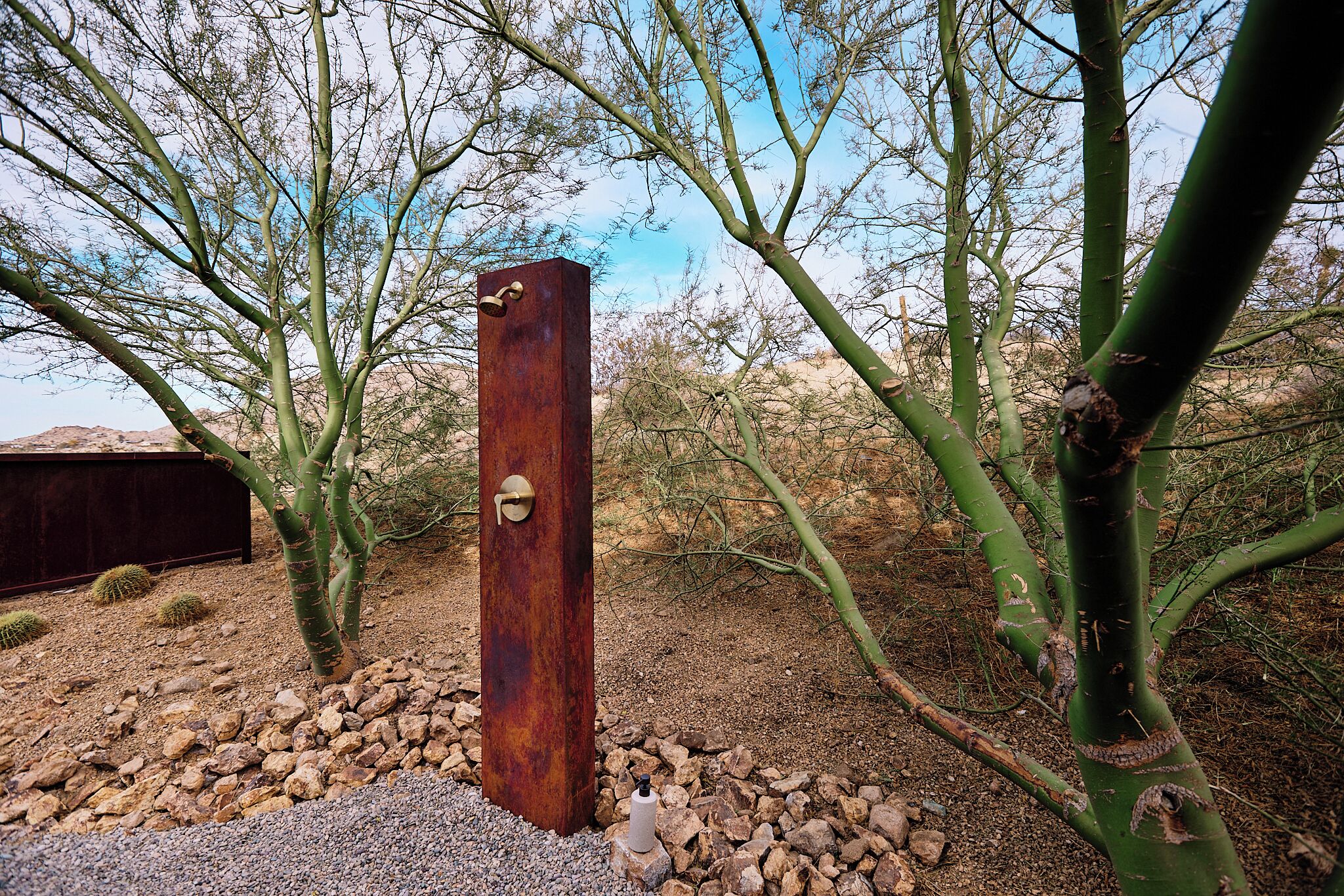 A metal sculpture in a desert garden with cacti and a wooden structure in the background.