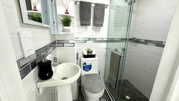 Secadora de cabello, toallas, jabón, papel de baño