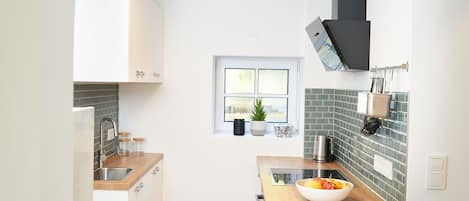 Fridge, oven, stovetop, coffee/tea maker