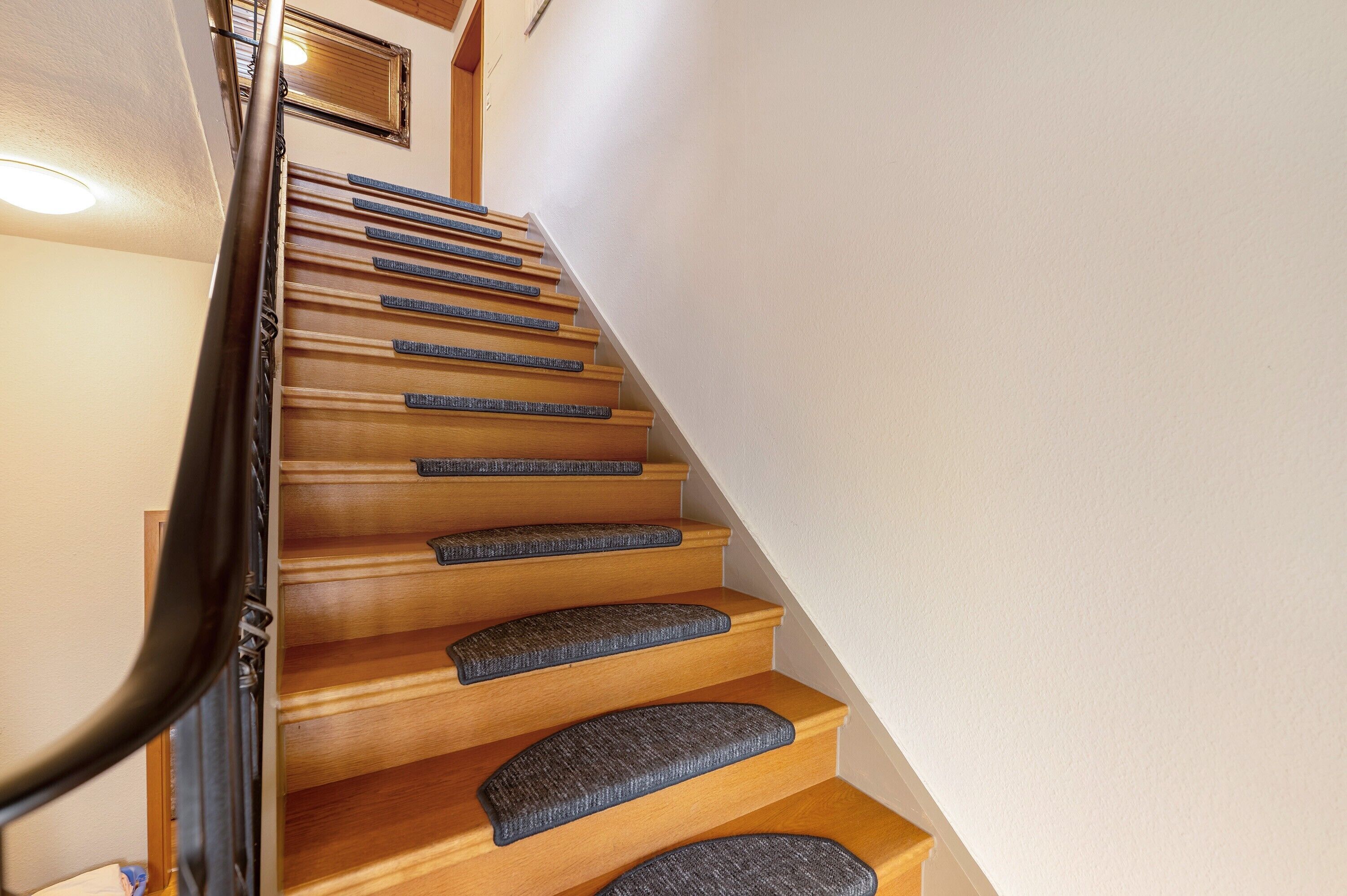 A wooden staircase with a handrail and carpeted steps.
