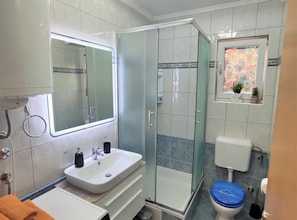 Une salle de bain équipée d’un lavabo, d’un miroir, de toilettes et d’une douche.