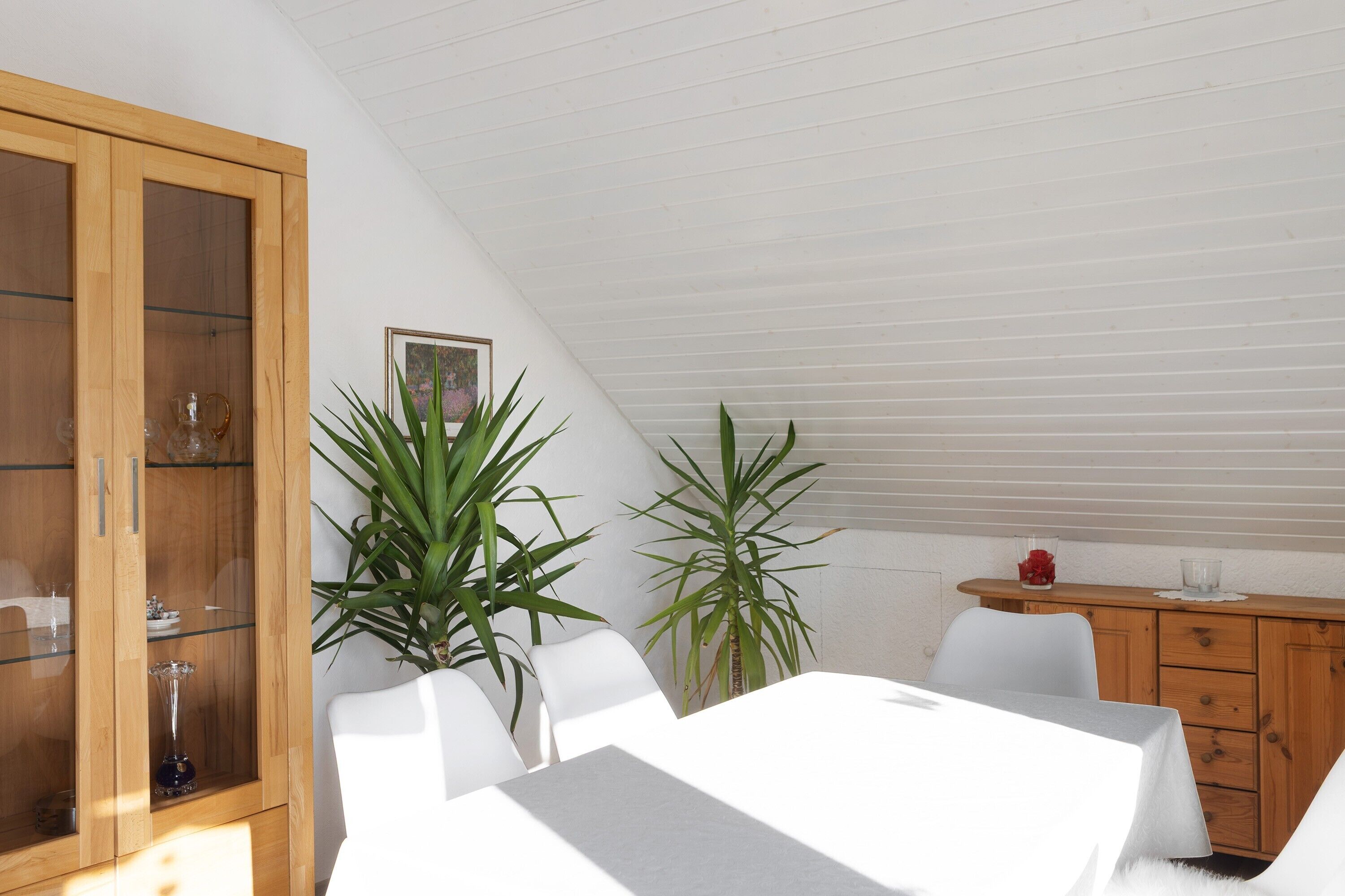 A dining area with a table, chairs, a wooden cabinet, and potted plants.