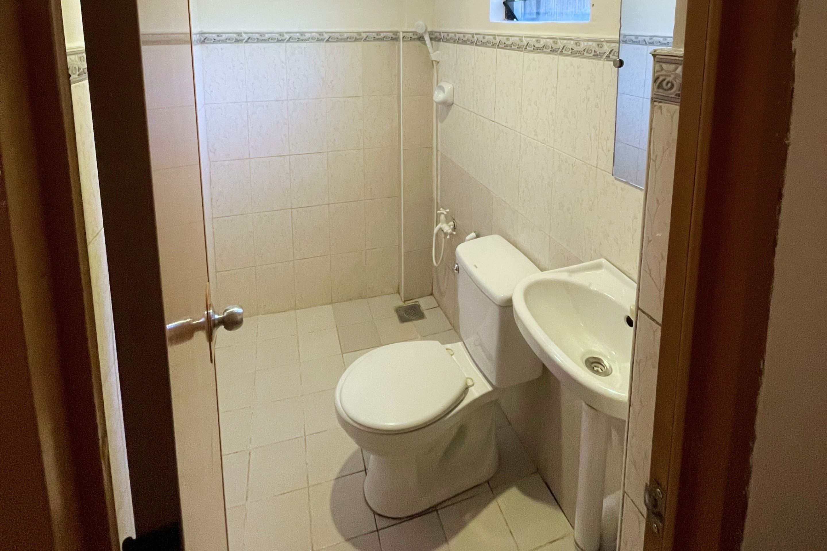 A small, compact bathroom with a toilet, a sink, and a shower.