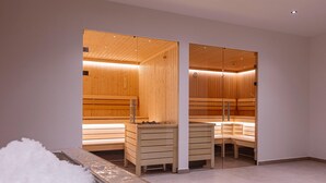 A sauna with wooden benches and a glass partition. - Studio near the slopes with wellness area (Mittersill)