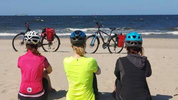 Three individuals seated on a sandy beach with bicycles and helmets, overlooking the ocean.
