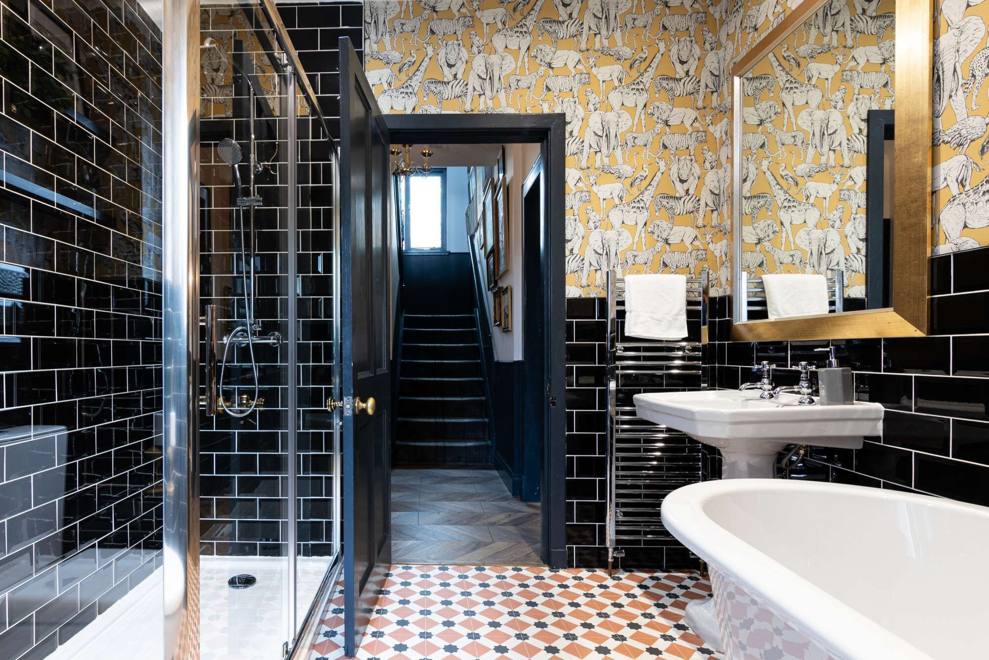 Shower, eco-friendly toiletries, hair dryer, towels