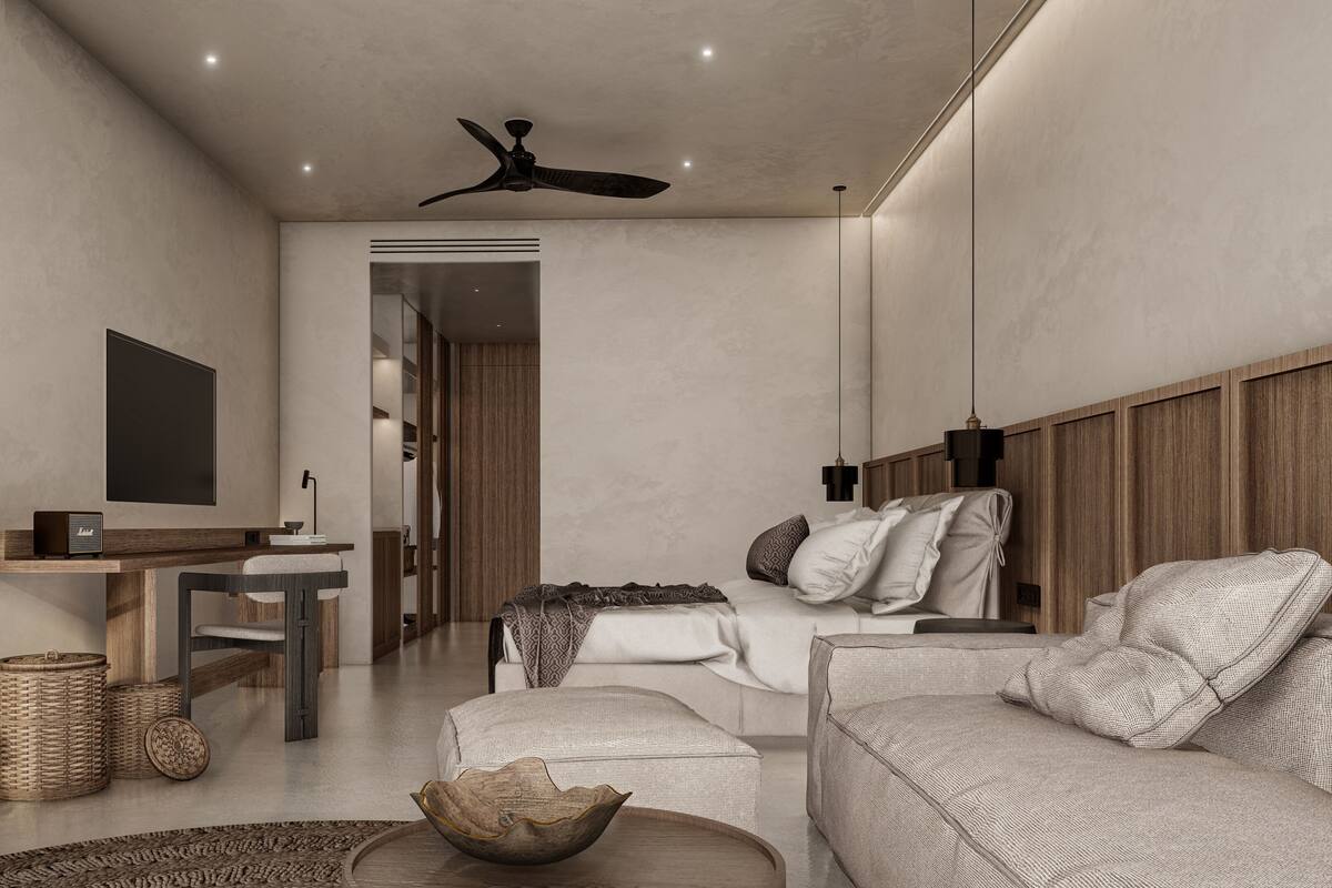 A modern, minimalist bedroom with a bed, a sofa, a desk, and a ceiling fan.
