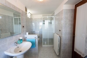 Shower, hair dryer, bidet, towels
