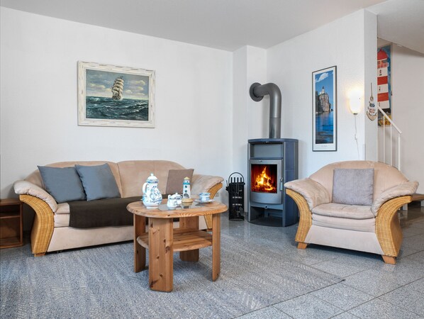 Televisión, chimenea, libros y estéreo 