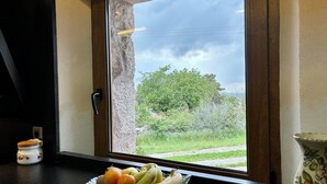 A kitchen counter with a bowl of fruit and a window with a view of greenery. - Luxury villa with heated swimming pool and games room, nestled in the mountains (Navafría)