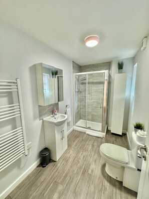 Regadera, secadora de cabello, toallas, jabón