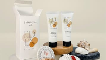 Chuveiro, secador de cabelo, toalhas de banho, sabonete