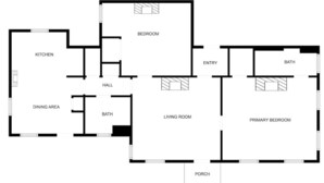 A floor plan with a kitchen, dining area, hall, bathroom, bedroom, living room, entry, primary bedroom, and porch. - Historic Hideaway on Forsyth (Savannah)
