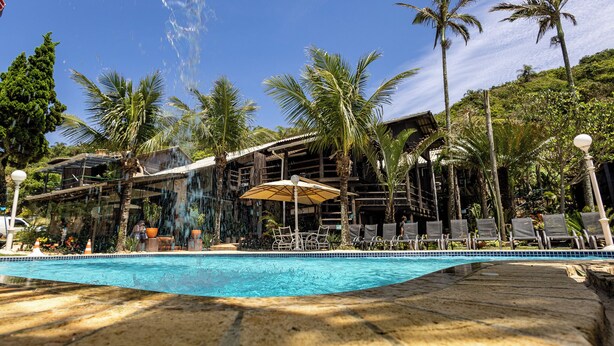 A swimming pool with a waterfall feature, surrounded by palm trees and lounge chairs. - Pousada Canto da Vigia (Penha)
