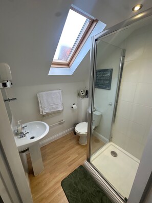 Studio | Badkamer | Een douche, handdoeken, toiletpapier