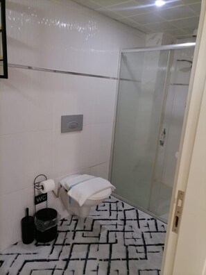 Douche, articles de toilette gratuits, sèche-cheveux, chaussons