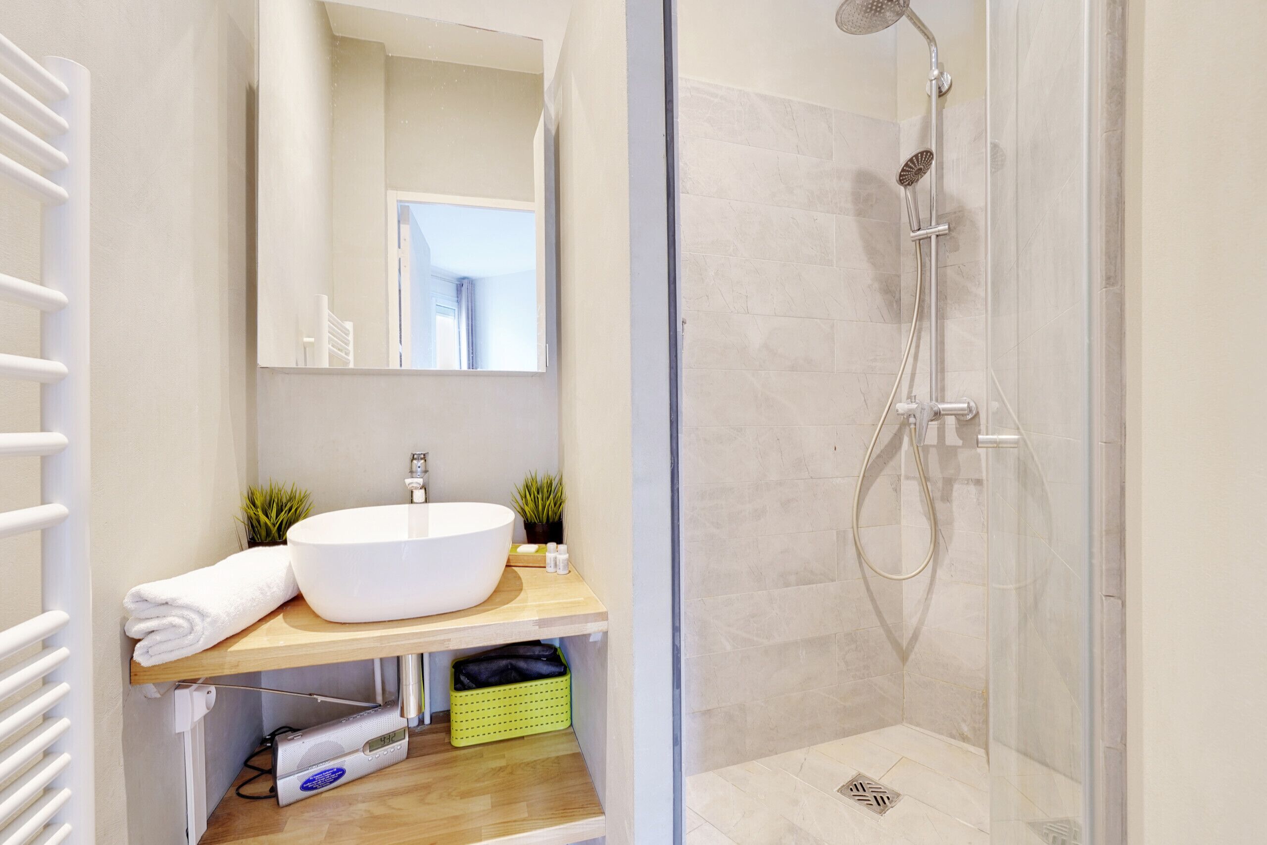 Shower, hair dryer, towels