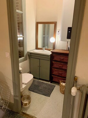 Hair dryer, bidet, towels, soap