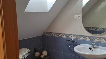 Hair dryer, bidet, towels, soap