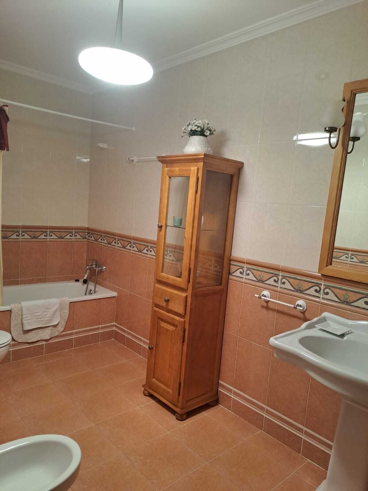 Secador de cabelo, bidê, toalhas de banho, sabonete