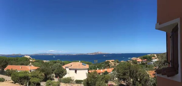 A coastal view with buildings and trees.