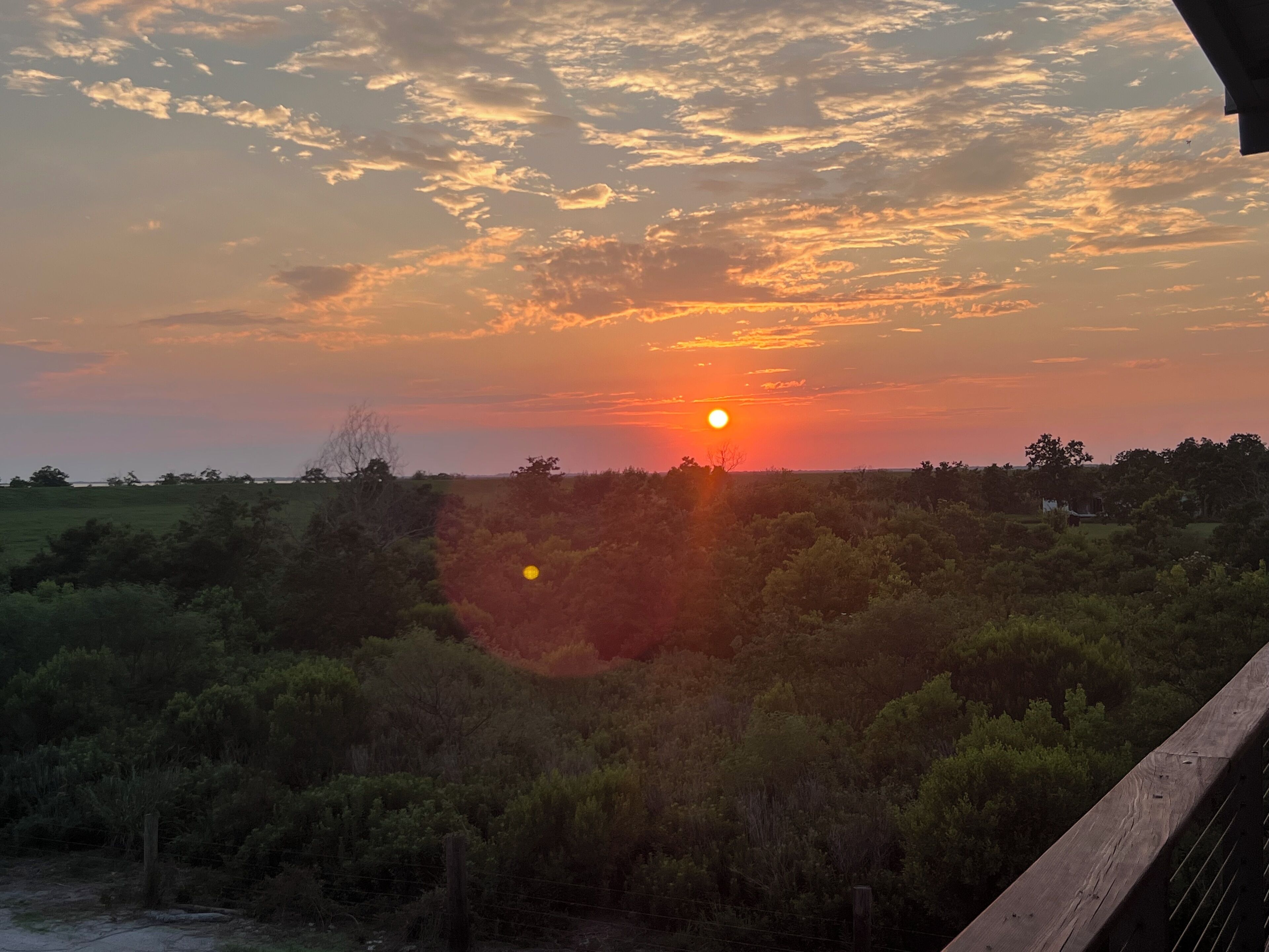 Un coucher de soleil sur un paysage rural, avec une clôture en bois et des arbres.