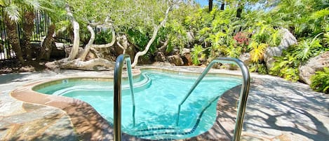 En swimmingpool med flisekant, omgivet af en stengang og frodig vegetation.