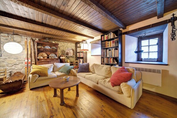 Télévision, cheminée, livres